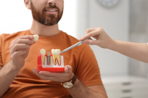 Man holding a dental implant model while a dentist points to it